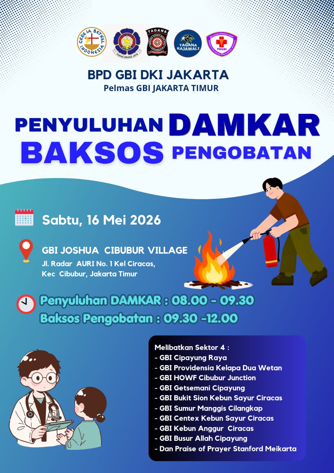 Pelmas BPD GBI DKI Jakarta Gelar Baksos Pengobatan Gratis dan Penyuluhan Damkar di Apartemen Cibubur Village.